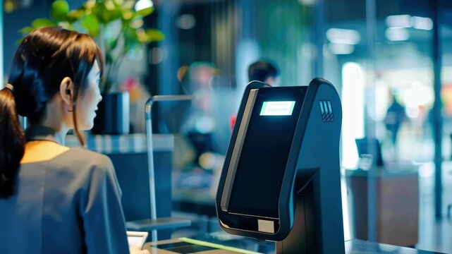 Young woman at cafe making contactless payment with digital terminal.