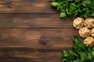 Fototapeta premium Delight in flavor enjoy delicious dumplings surrounded by fresh green herbs on a rustic wooden table