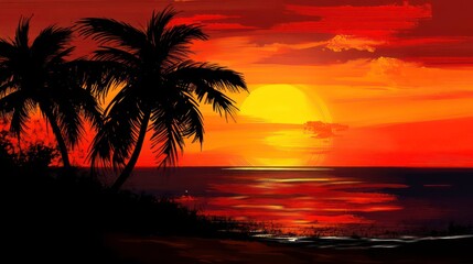 Obraz premium A serene sunset over the ocean, framed by silhouetted palm trees, evoking tranquility.