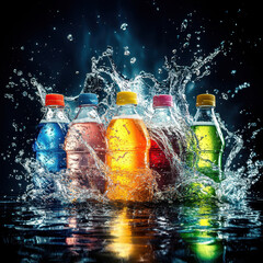 Refreshing sports drinks splashing in water, vibrant colors and dynamic motion