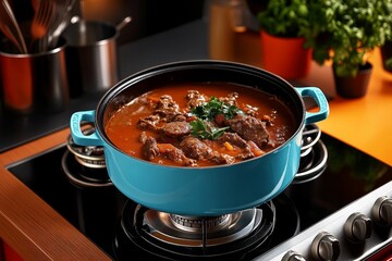 Old-fashioned illustration of a stew simmering on a stovetop, with muted colors and fine details capturing the charm of a retro kitchen