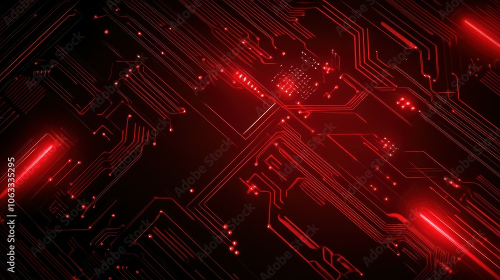 Aufkleber thin circuit trace lines in red on a dark technology background. abstract digital tech bg. electroni
