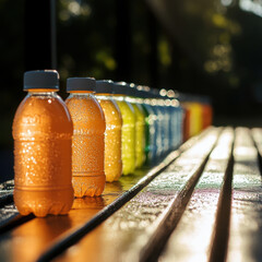 Fototapeta premium Refreshing sports drink bottles lined up, glistening with condensation