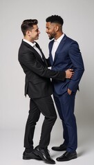 A contemporary portrait showcases an interracial gay couple embracing in a loving moment as they prepare for marriage