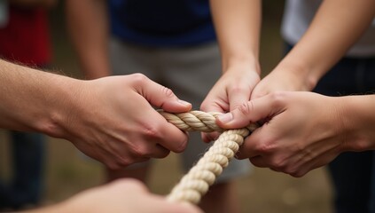 Close-up portrait showcasing gripped ropes during tug-of-war symbolizing teamwork and determination