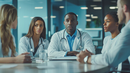 Obraz premium Group of multiracial medical team having meeting sitting in hospital office - Diverse doctor people and health care concept - Models by AI generative