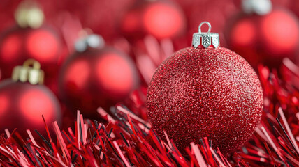 Sparkling red Christmas tree ornament on festive tinsel background