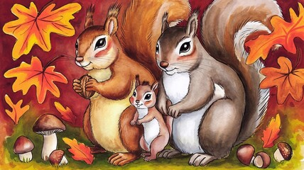 Watercolor painting of a family of squirrels surrounded by autumn leaves, mushrooms, and acorns