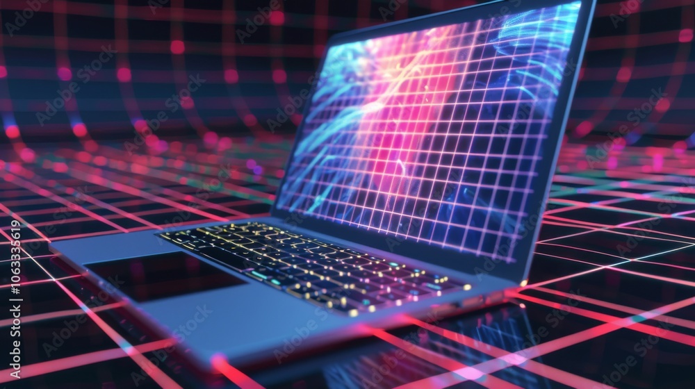 Aufkleber a laptop is showcased with a striking display of vivid colors and scan lines, set against a dynamic,