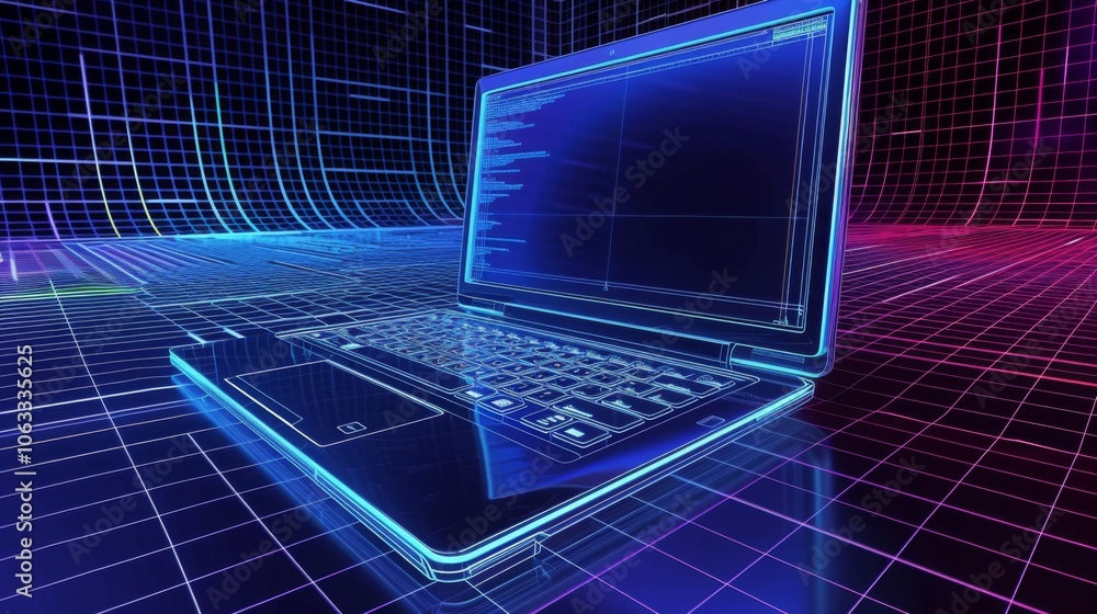 Poster the artwork features a sleek laptop illuminated by neon colors with retro tv scan lines creating a m