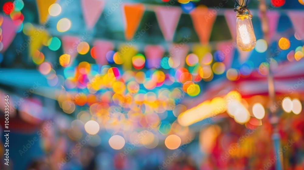 Poster soft focus on fluttering flags and bunting adding to the festive ambiance of the fair.