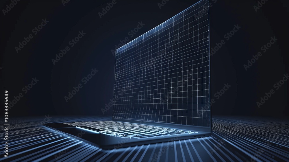 Poster an abstract visual representation of a laptop featuring dynamic tv scan lines in a dark, futuristic 