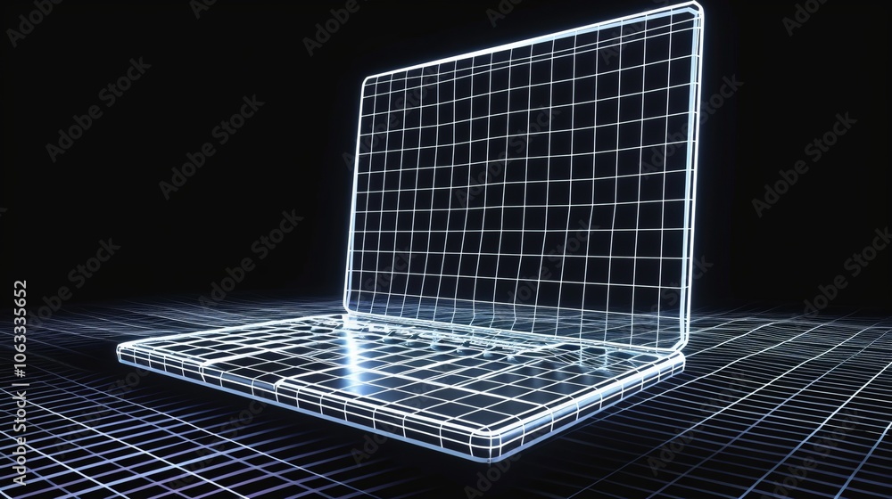 Aufkleber a futuristic laptop design features digital scan lines, set against a dark backdrop, illustrating mo