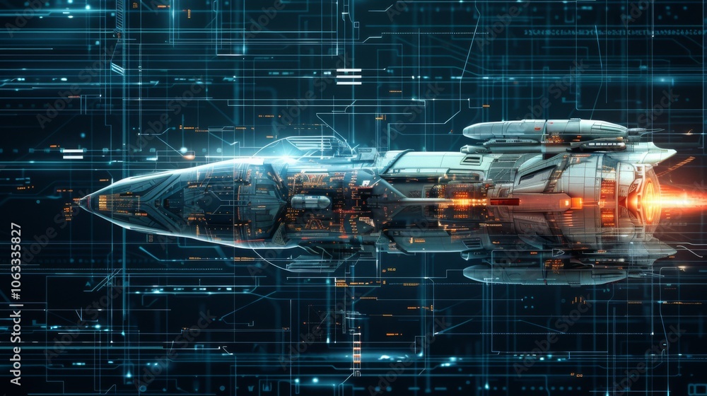 Poster a sleek spaceship is depicted with colorful digital scan effects, illustrating advanced technology i