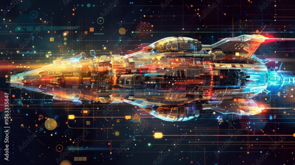 Poster a sleek spaceship is depicted with colorful digital scan effects, illustrating advanced technology i