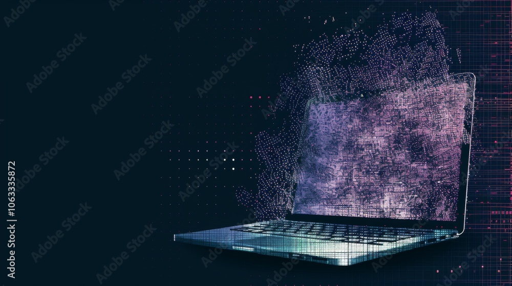 Poster a digital representation features a laptop with an abstract tv scanning effect, set against a dark b