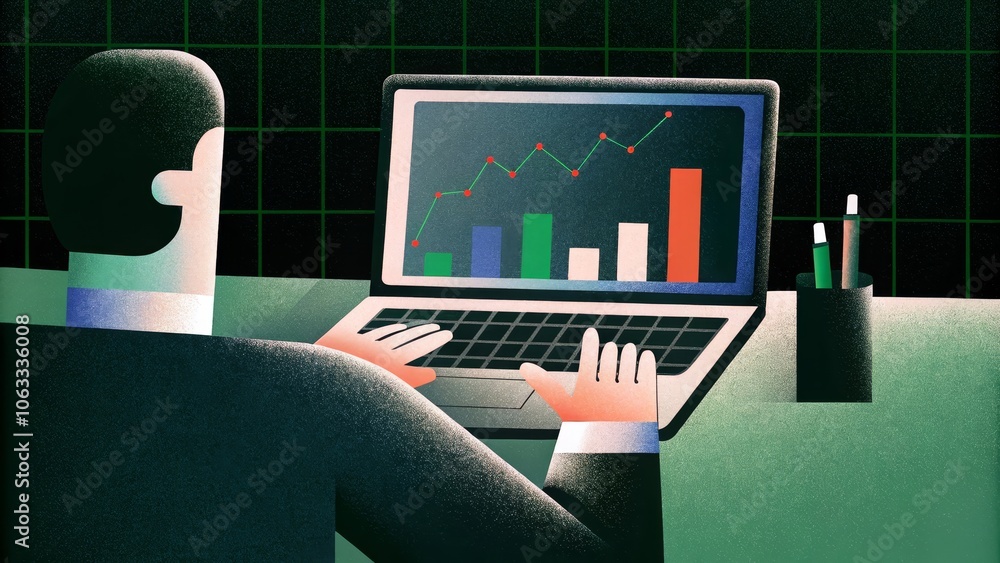 Poster businessman analyzing colorful data charts on laptop with graph background