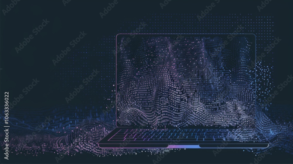 Poster a vibrant abstract design showcases a laptop emitting a futuristic digital scan, highlighting intric