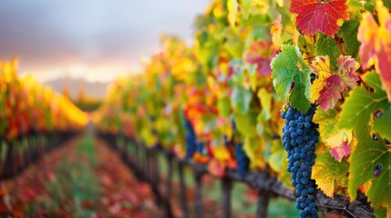 A vibrant vineyard scene showcasing colorful autumn leaves and ripe grapes, capturing the essence of a bountiful harvest.