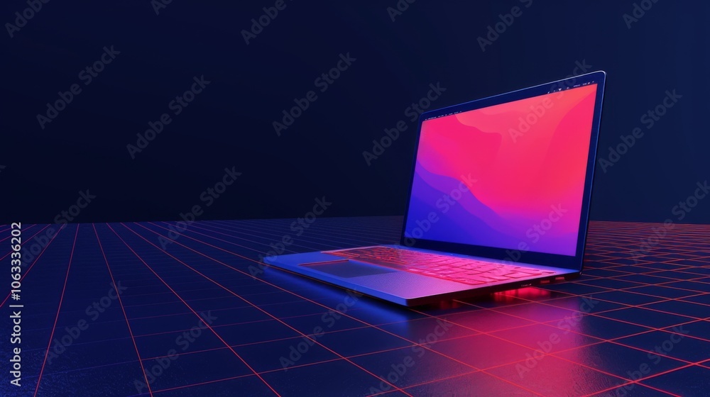 Poster a sleek laptop is displayed in a colorful, abstract environment, showcasing a blend of modern techno