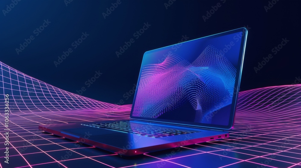 Poster a laptop showcases dynamic abstract patterns, surrounded by a colorful, futuristic grid design, refl