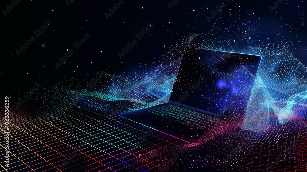 Aufkleber a laptop sits elegantly against a swirling cosmic backdrop filled with dynamic colors and abstract d