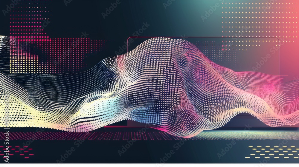Poster a captivating abstract design illustrating a laptop alongside a tv scan, enhanced by colorful wave p