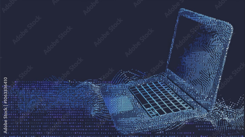 Poster a laptop is depicted in a digital style, surrounded by abstract patterns and data elements, creating