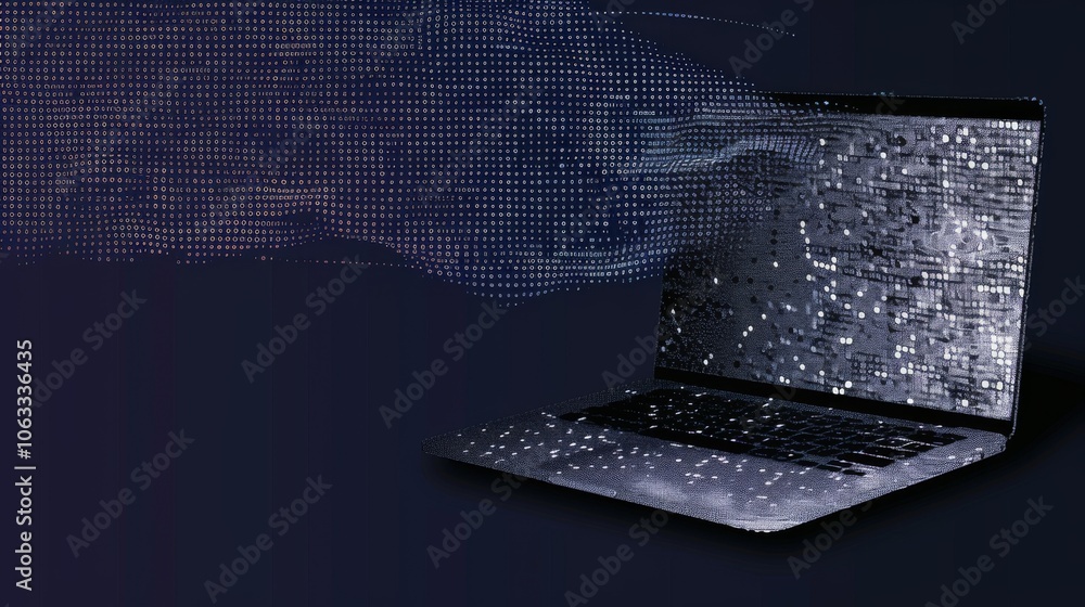 Poster a minimalist design showcases a laptop with a unique digital effect, blending data patterns in a dar