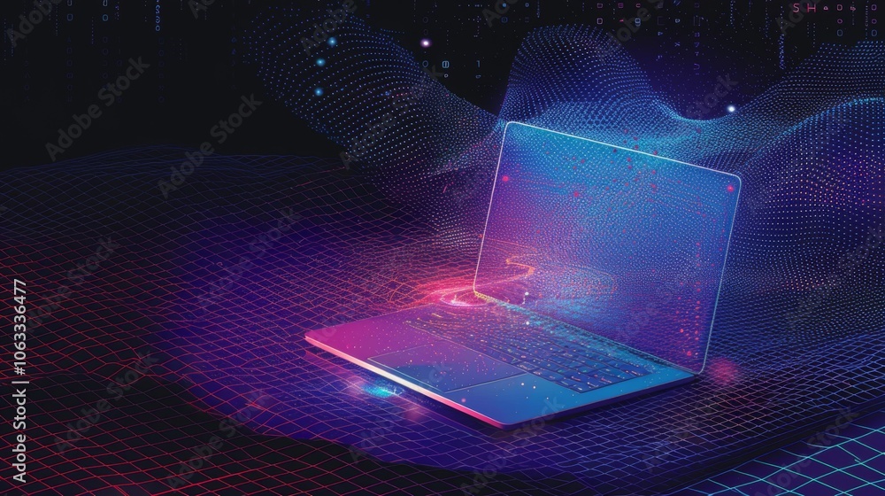 Poster a laptop emerges from a vibrant background of glowing patterns and digital effects, creating a capti