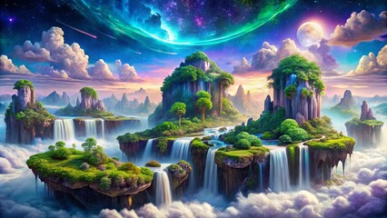 A Dreamlike Landscape of Floating Islands With Cascading Waterfalls Beneath a Starry Sky and a Full Moon