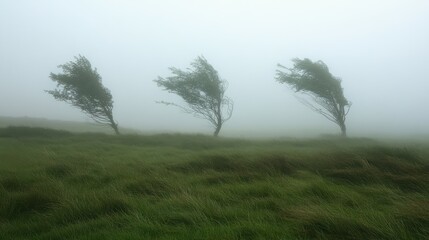 Trees bent by strong wind in a foggy field, illustrating wind resistance.