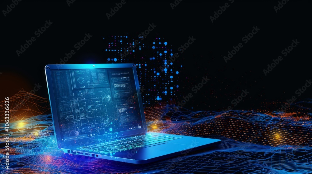 Aufkleber a laptop features intricate digital displays while surrounded by glowing network patterns and abstra