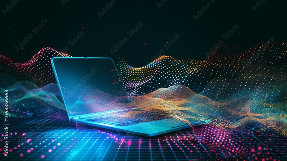 Poster the abstract design features a laptop surrounded by colorful wave patterns, representing digital cre