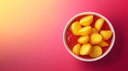 A bowl of patatas bravas, a classic Spanish tapas dish, featuring crispy fried potatoes in a spicy tomato sauce.