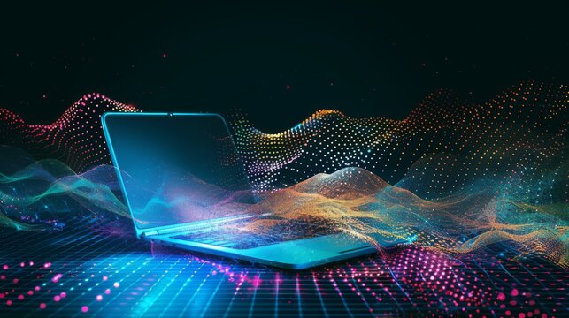 The abstract design features a laptop surrounded by colorful wave patterns, representing digital creativity and modern technology. Generative AI