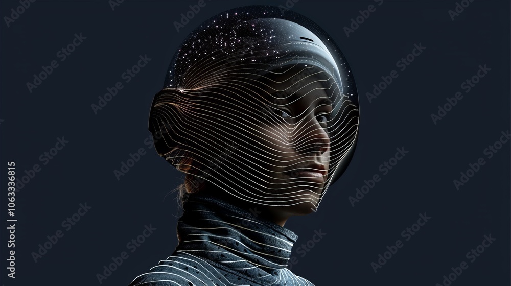 Poster an astronaut's head is abstractly designed with flowing lines, set against a starry backdrop, symbol