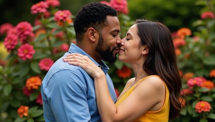 Fototapeta premium Two diverse individuals share a loving embrace amidst a vibrant garden backdrop in celebration of Pride Love and LGBTQ Equality