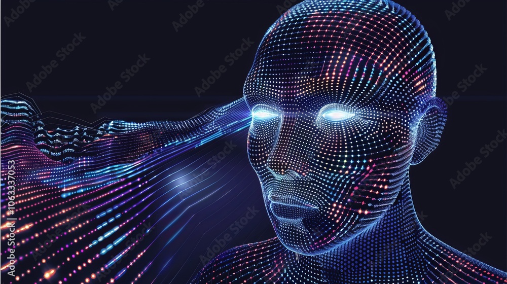Poster a captivating abstract representation of an astronaut's head features colorful digital patterns and 