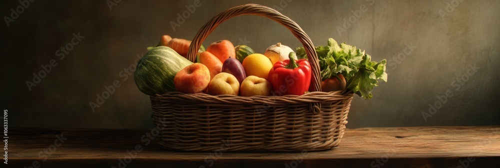 Aufkleber A wicker basket is brimming with vibrant vegetables and fruits, displayed on a charming rustic wooden table, creating a warm atmosphere. Generative AI