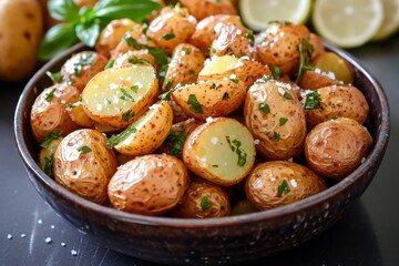 Roasted baby potatoes with herbs and olive oil, served in a rustic bowl with a sprinkle of sea salt
