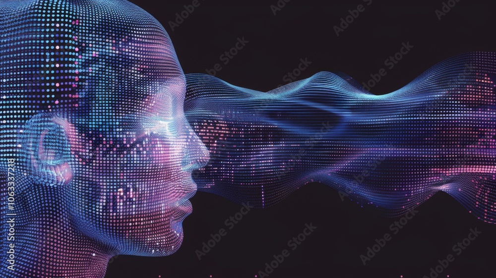 Poster this design showcases a human head crafted from colorful digital elements, symbolizing the fusion of