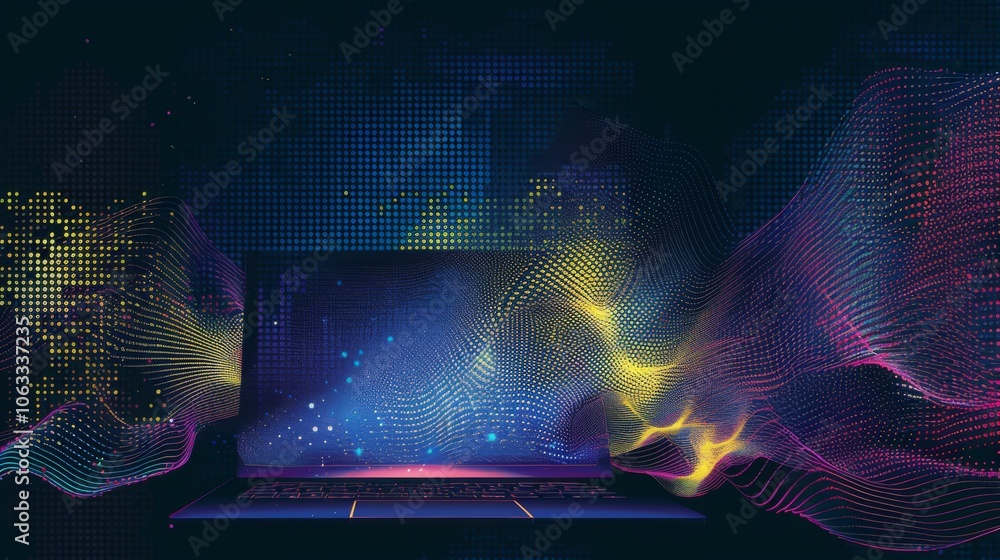 Poster this design showcases a modern laptop surrounded by dynamic wave patterns and bright colors, perfect