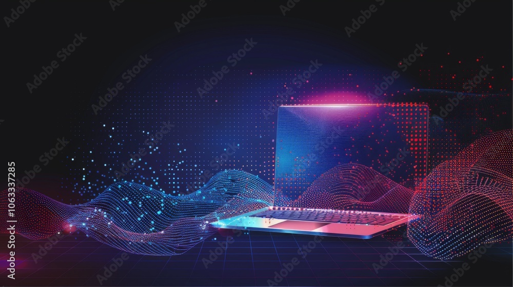Aufkleber a colorful abstract design features a laptop surrounded by dynamic, flowing waves, representing the 