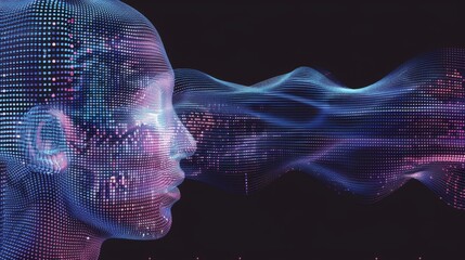 This design showcases a human head crafted from colorful digital elements, symbolizing the fusion of art and technology through movement. Generative AI