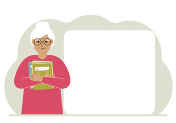 A woman holds a stack of books in his hands. Knowledge or education for future work, personal improvement, reading list. Vector flat illustration