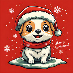 Merry Christmas! Holiday card design. Dog in a cap on a red background. Snow, snowflakes, joy, happiness, wish fulfillment