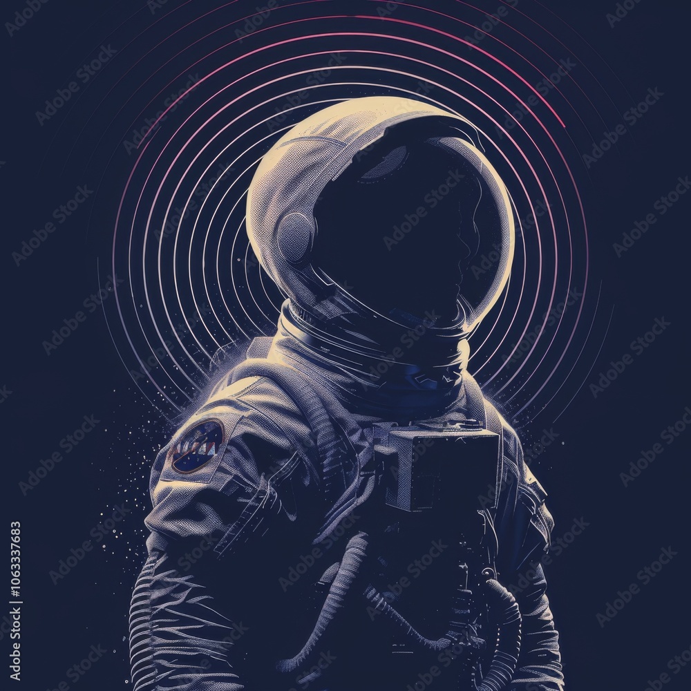 Aufkleber an abstract representation of an astronaut's silhouette featuring dynamic light waves radiating agai