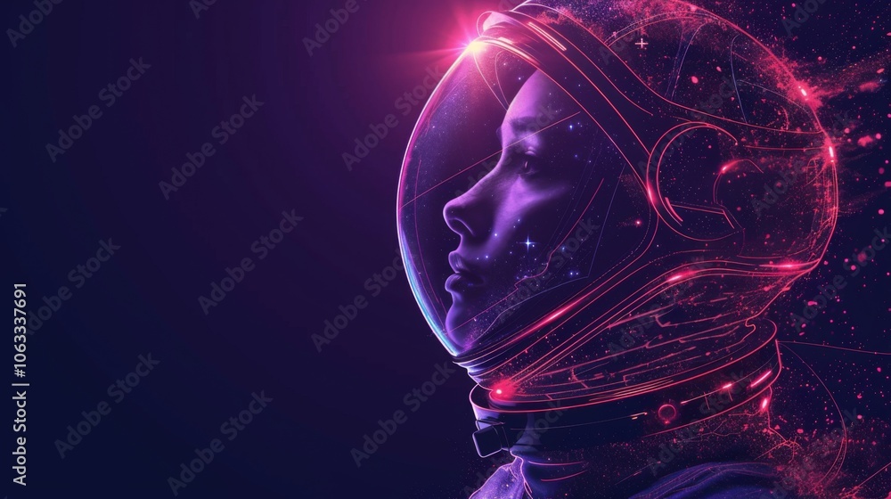 Poster an abstract graphic design showcases a close up of a space helmet illuminated by vibrant colors agai