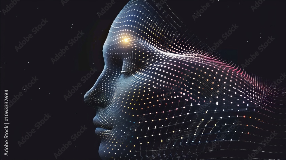 Poster a captivating representation of a head constructed from numerous dots, set against a deep dark backd